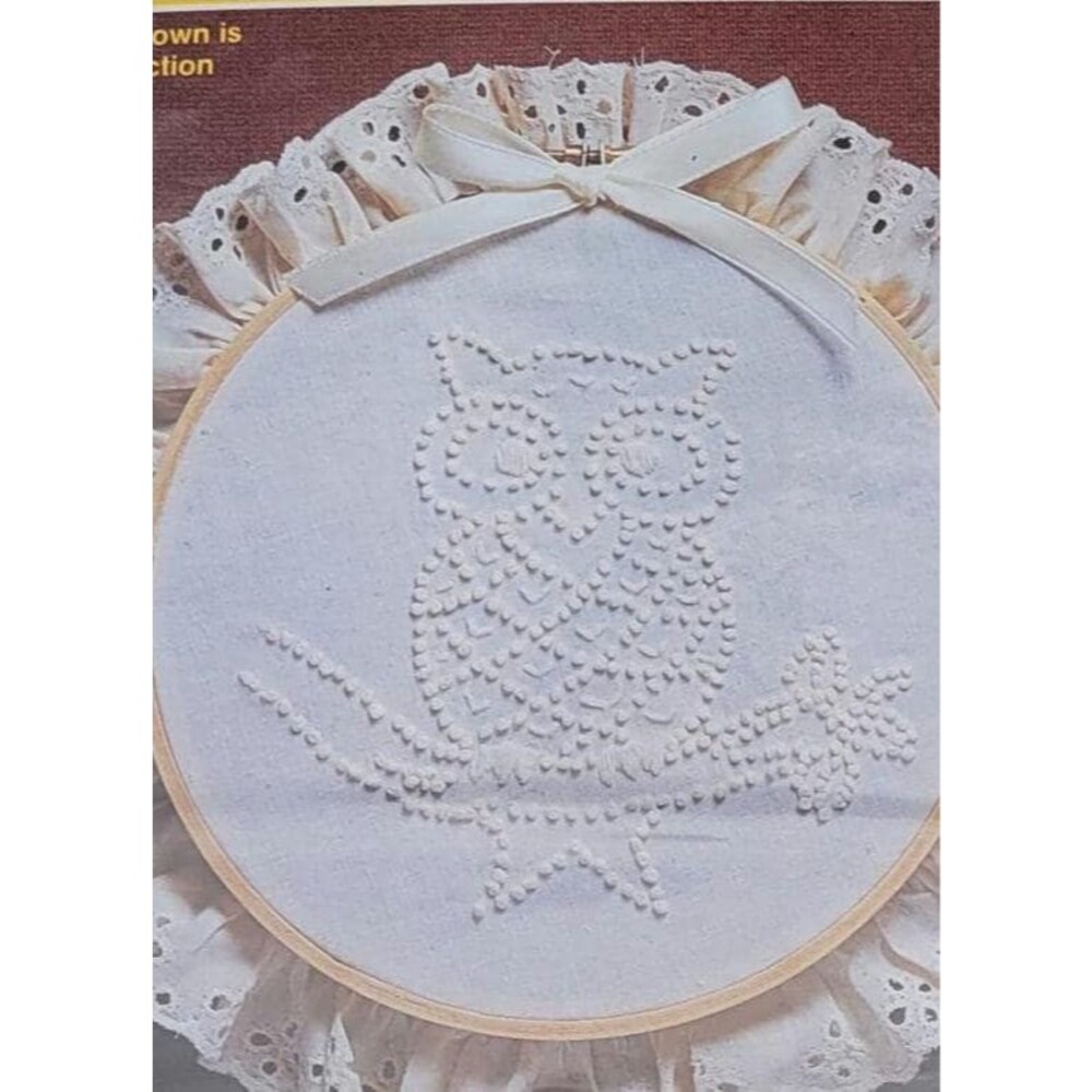 Candlewicking Owl Needlepoint Craft Kit Vintage Lace Eyelet Wall Art